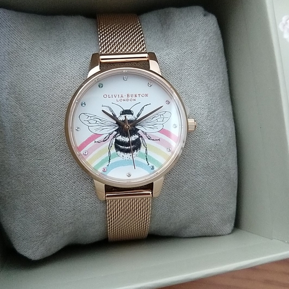 BNIB Olivia Burton Bee Rainbow Rose Gold(SS) Mesh Watch - Picture 4 of 9